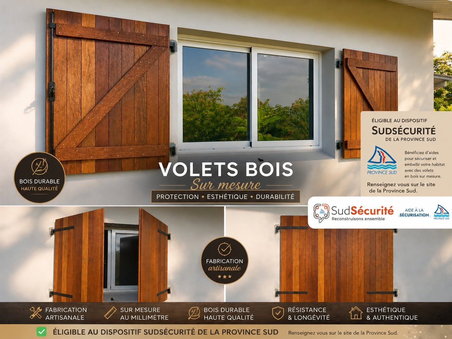 Volets bois sur mesure fabriqués par TOP BOIS, éligibles Sud Sécurité